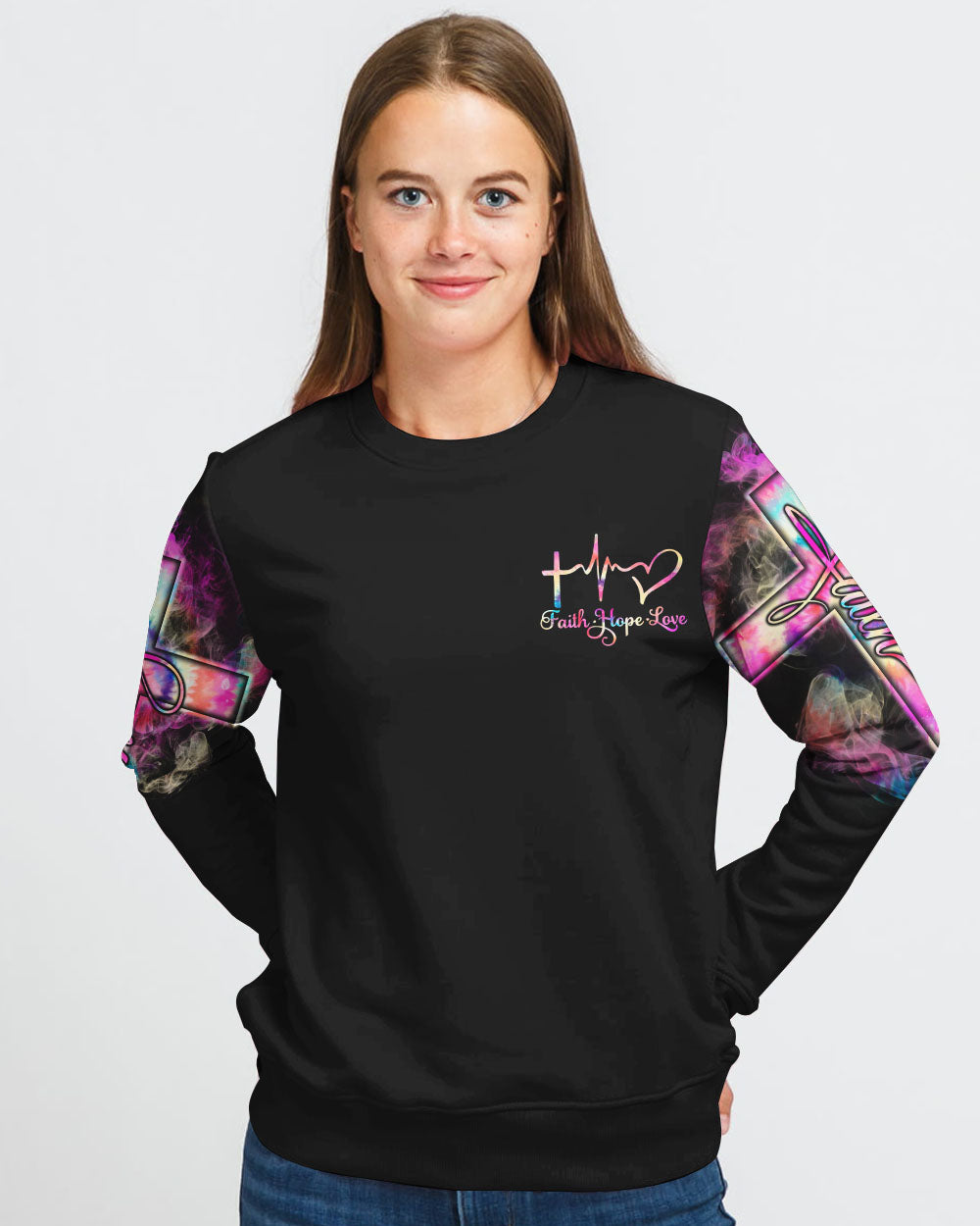 Tie Dye Butterfly Cross Faith With Rose Women's Christian Sweatshirt