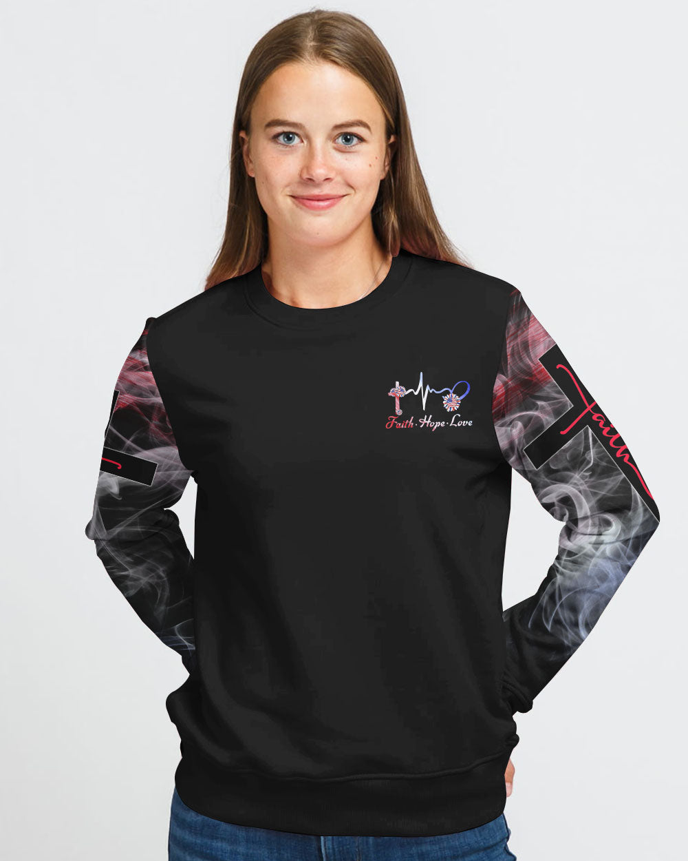 One Nation Under God Firework Smoke Flag Independence Day Women's Christian Sweatshirt