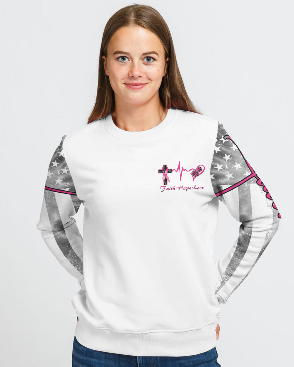 White Faith Cross Ribbon Wings Women's Breast Cancer Awareness Sweatshirt