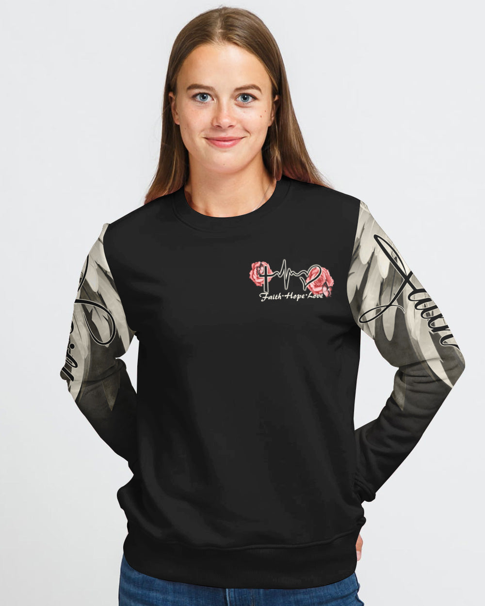 Pink Rose Cross Wings Vintage Women's Christian Sweatshirt