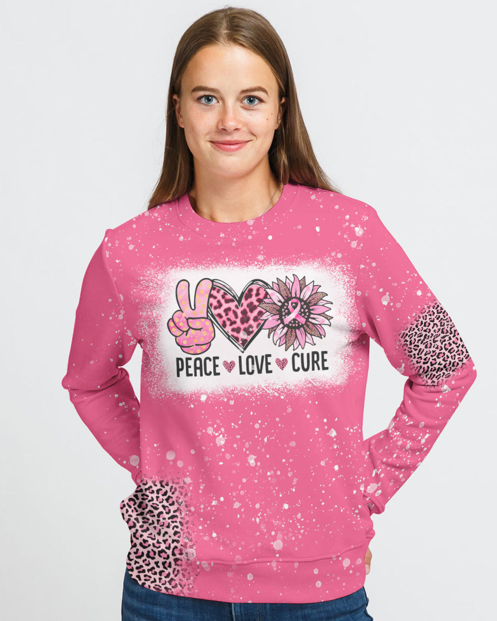 Peace Love Cure Bleached Pink Women's Breast Cancer Awareness Sweatshirt