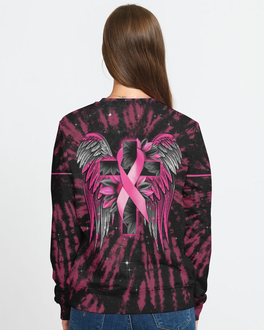 Cross Wing Sunflower Tie Dye Pink Ribbon Women's Breast Cancer Awareness Sweatshirt