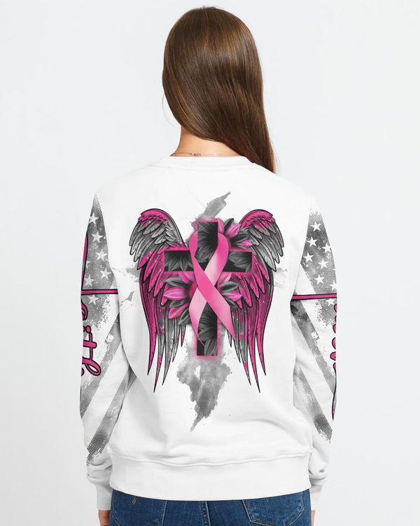 White Faith Cross Ribbon Wings Women's Breast Cancer Awareness Sweatshirt
