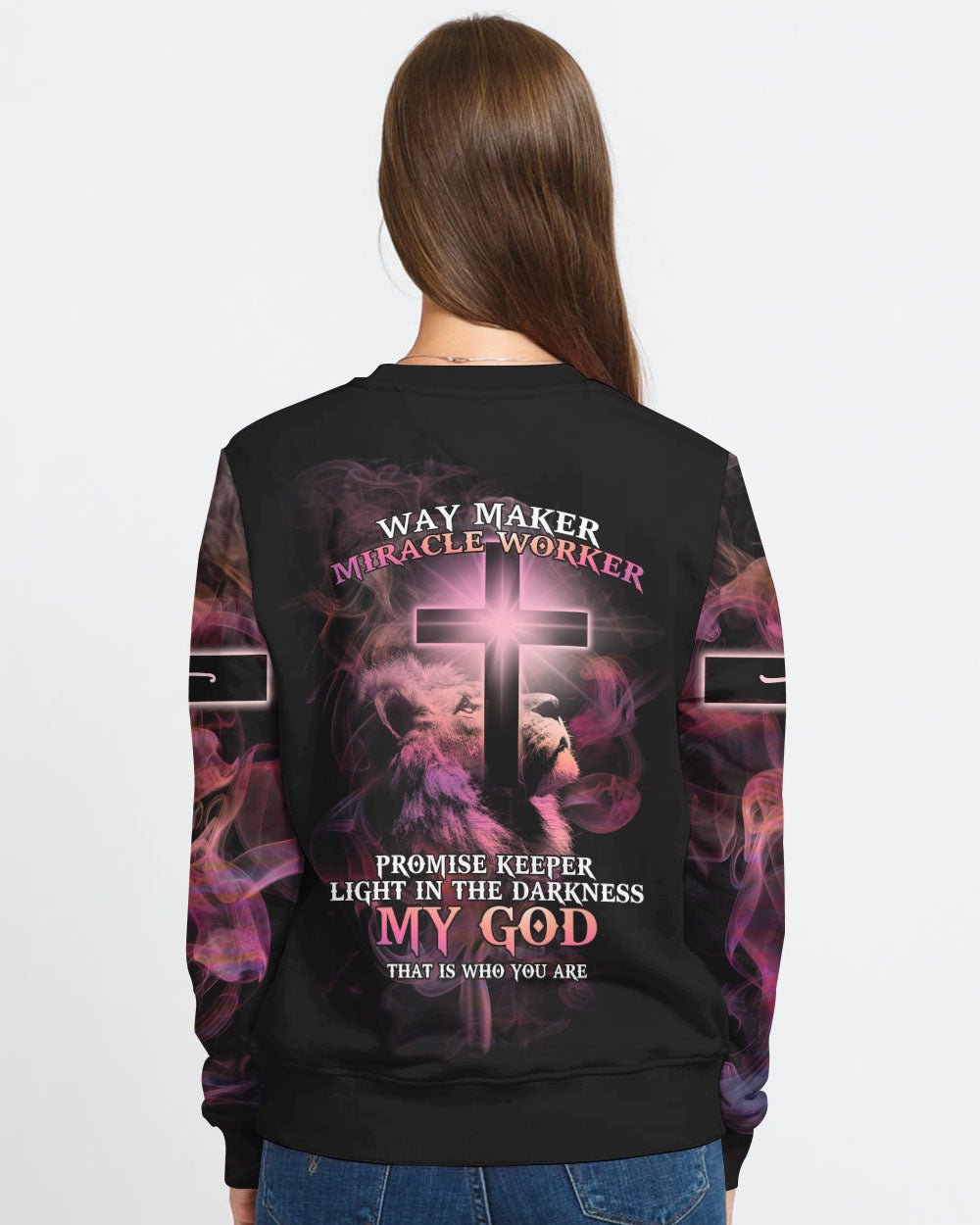 Way Maker Miracle Worker Lion Cross Pink Smoke Women's Christian Sweatshirt