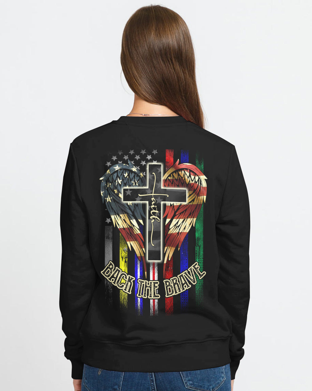 Back The Brave Wings Flag Jobs Women's Christian Sweatshirt