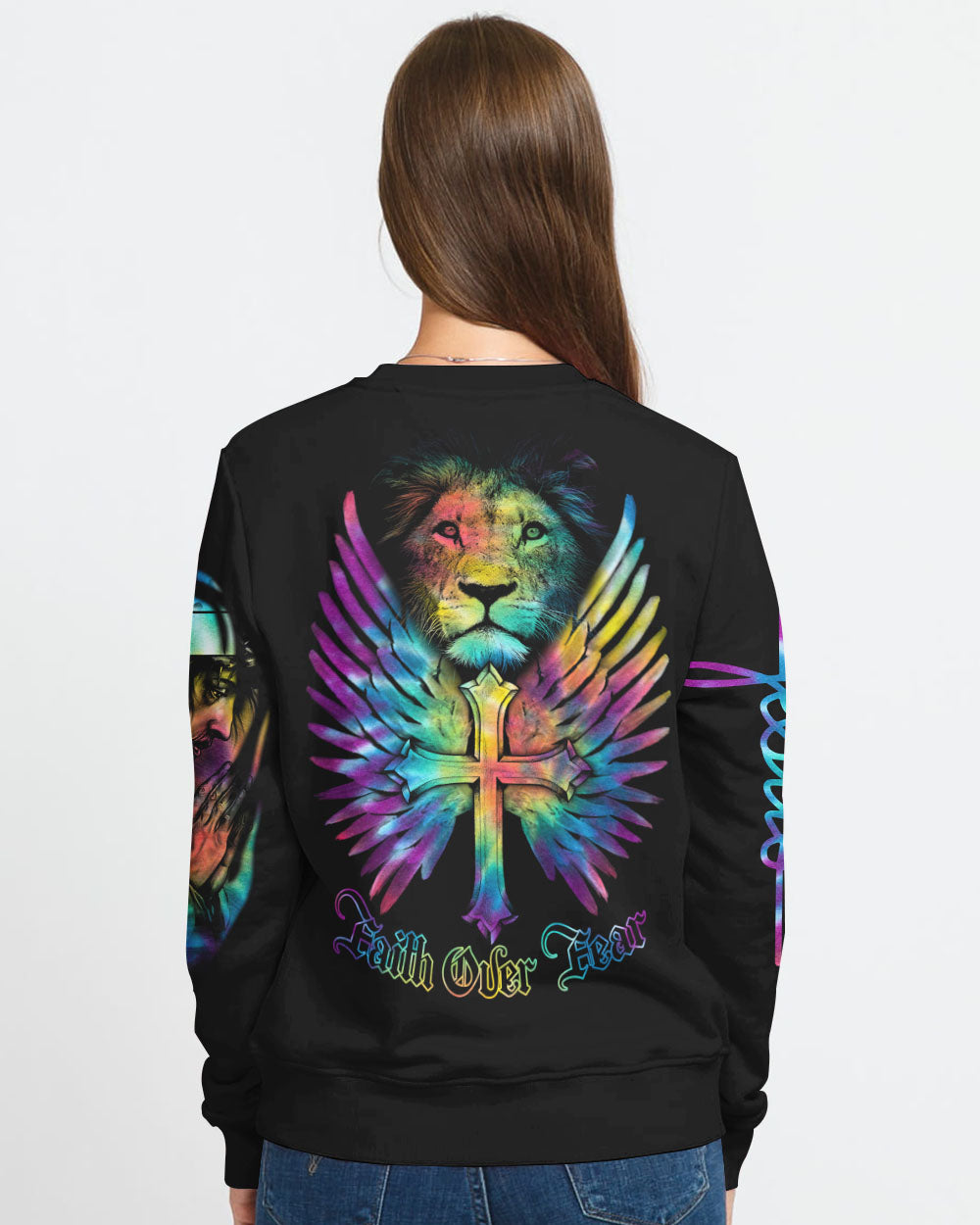 Faith Over Fear Lion Cross Colorful Women's Christian Sweatshirt