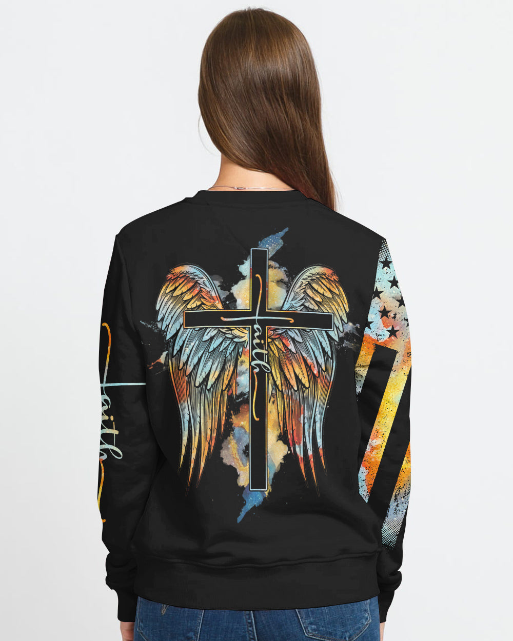 Faith Cross Wings Watercolor Vintage Women's Christian Sweatshirt