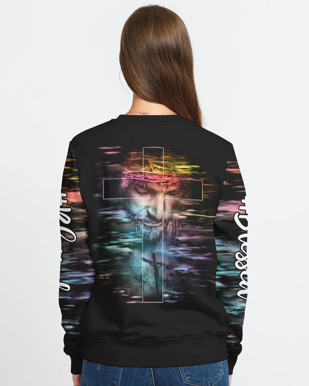 Faith Over Fear Jesus Cross Colorful Water Women's Christian Sweatshirt