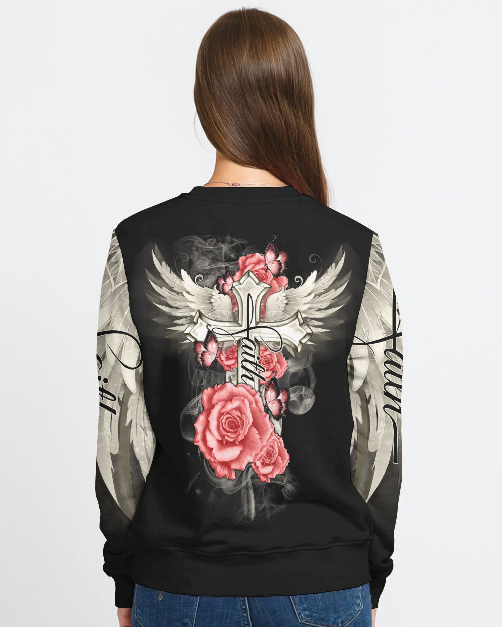 Pink Rose Cross Wings Vintage Women's Christian Sweatshirt