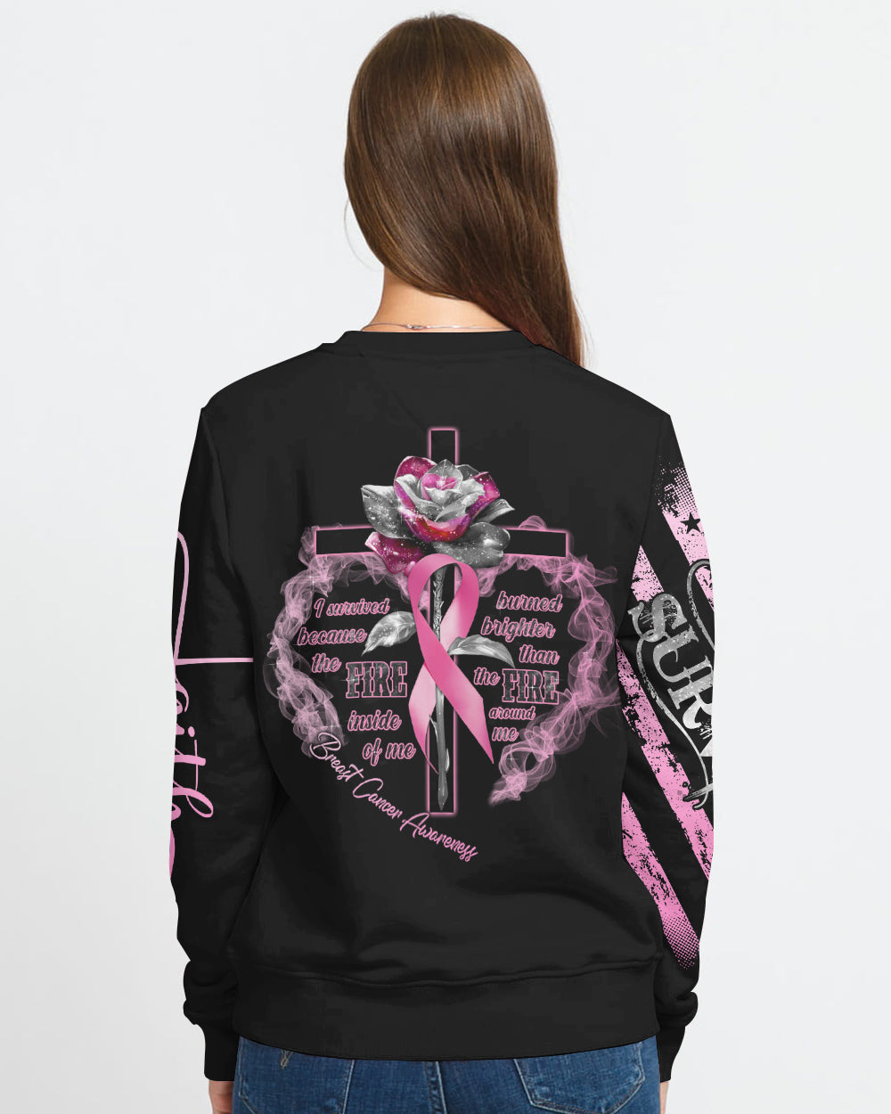 I Survived Because The Fire Inside Of Me Rose Cross Women's Breast Cancer Awareness Sweatshirt