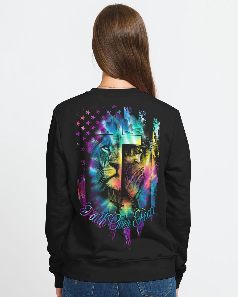 Faith Over Fear Lion Jesus Cross Tie Dye Women's Christian Sweatshirt