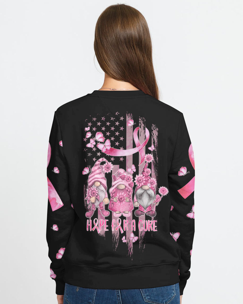 Hope For A Cure Gnome Pink Ribbons Flag Women's Breast Cancer Awareness Sweatshirt