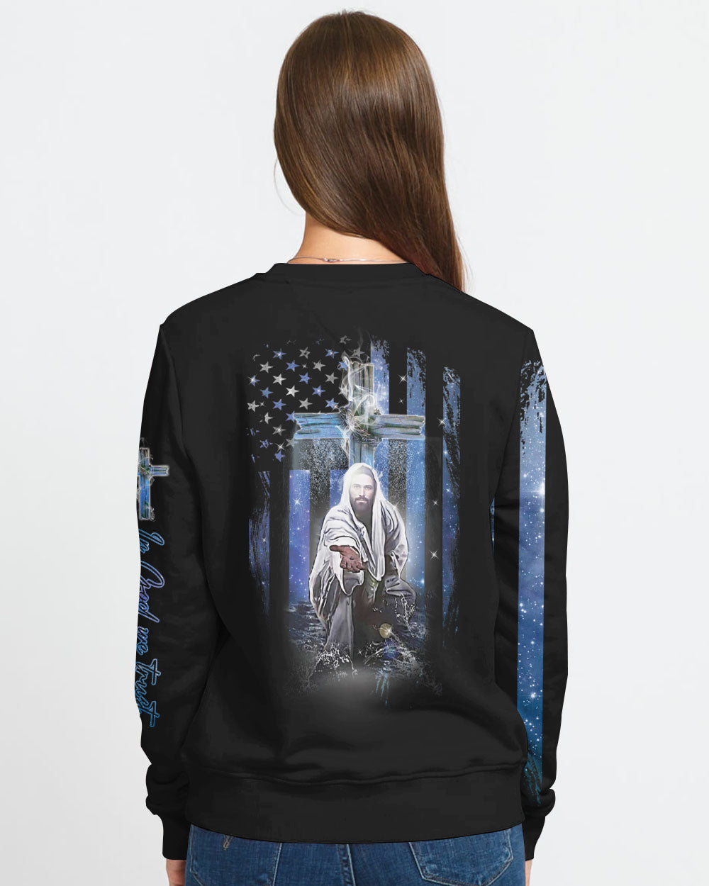 Faith Jesus Cross Galaxy Flag Women's Christian Sweatshirt