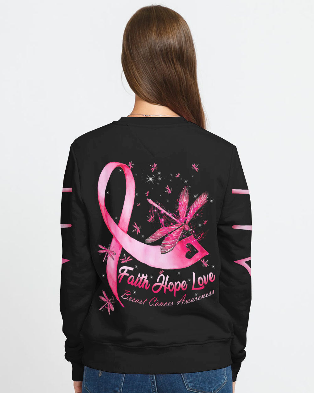 Faith Hope Love Dragonfly Ribbon Women's Breast Cancer Awareness Sweatshirt