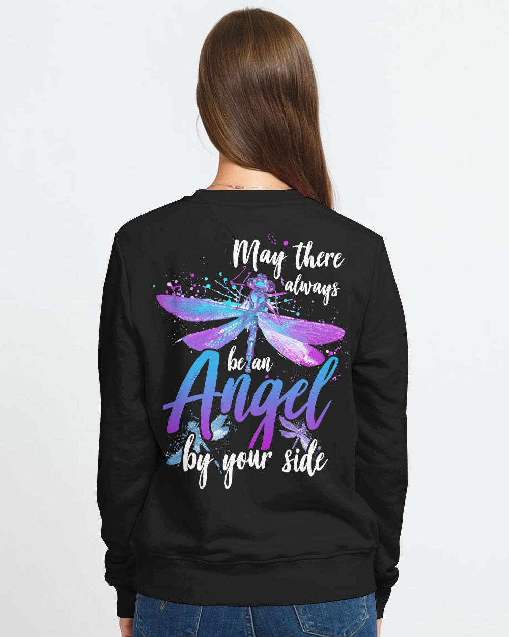 May There Be An Angel By Your Side Dragonfly Watercolor Women's Christian Sweatshirt