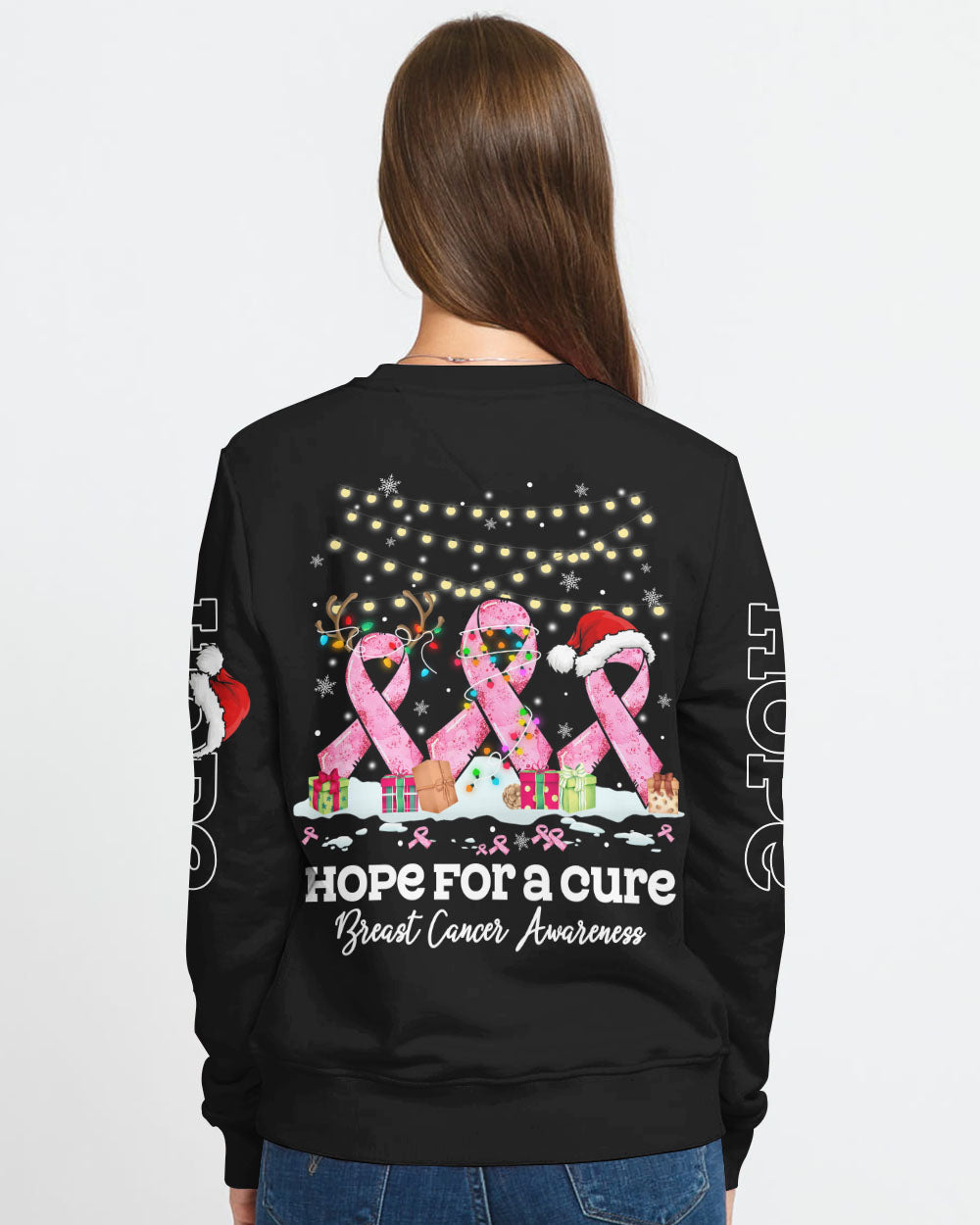 Hope For A Cure Ribbon Christmas Women's Breast Cancer Awareness Sweatshirt
