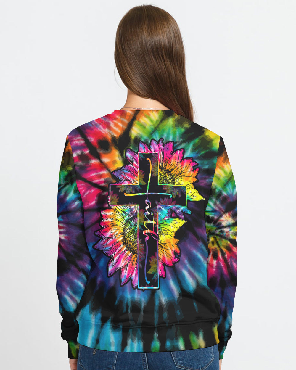 Sunflower Cross Full Tie Dye Faith Women's Christian Sweatshirt