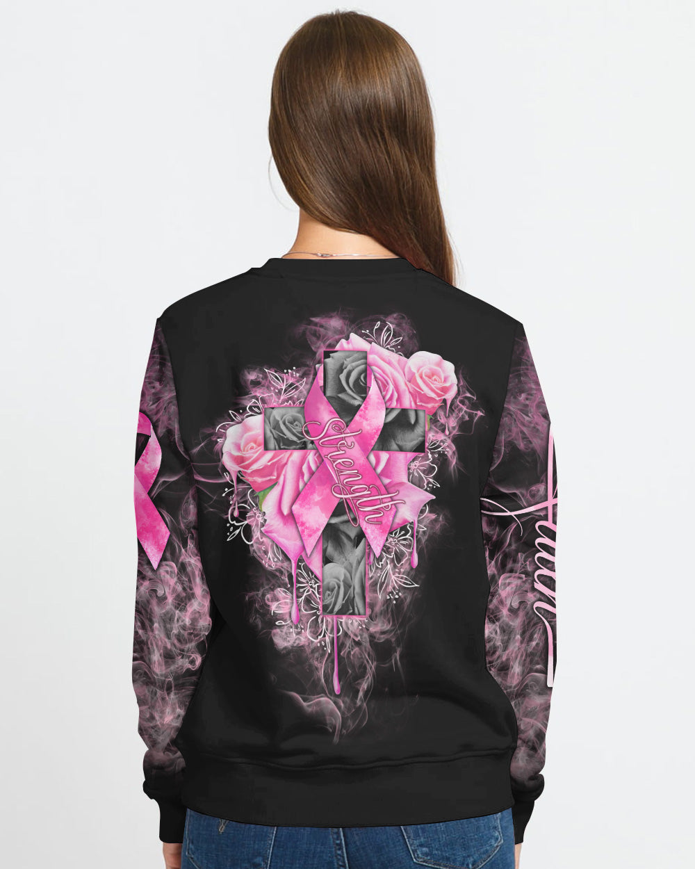 Strength Rose Cross Ribbon Women's Breast Cancer Awareness Sweatshirt