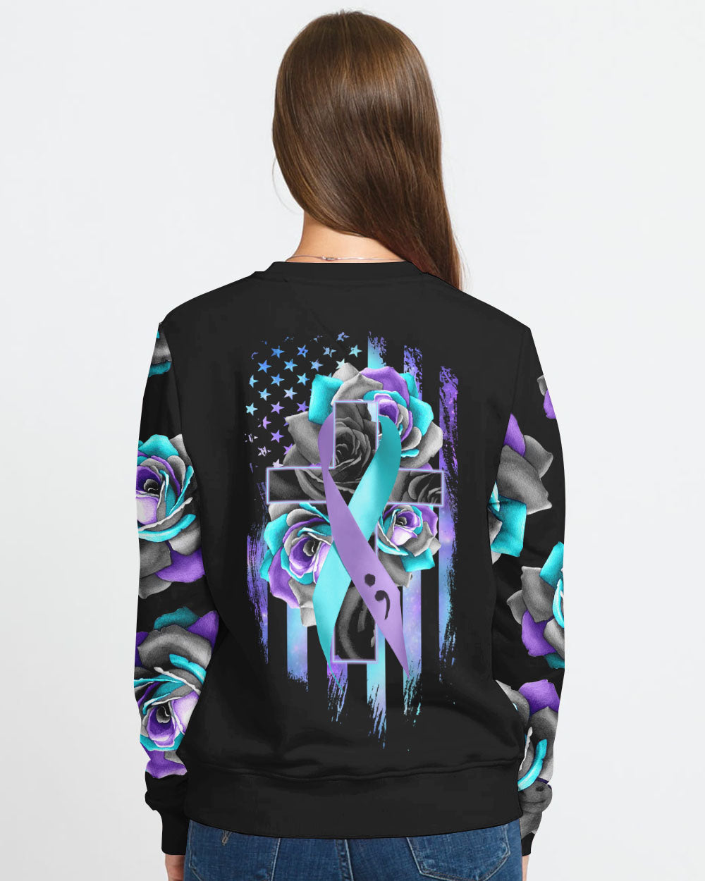 Fosse Flag Cross Light Ribbon Women's Suicide Prevention Awareness Sweatshirt
