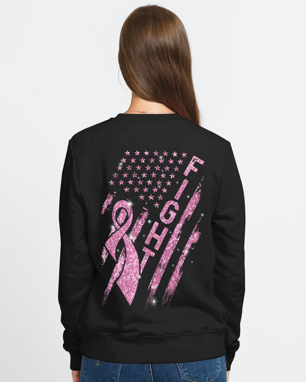 Glitter Fight Ribbon Flag Women's Breast Cancer Awareness Sweatshirt