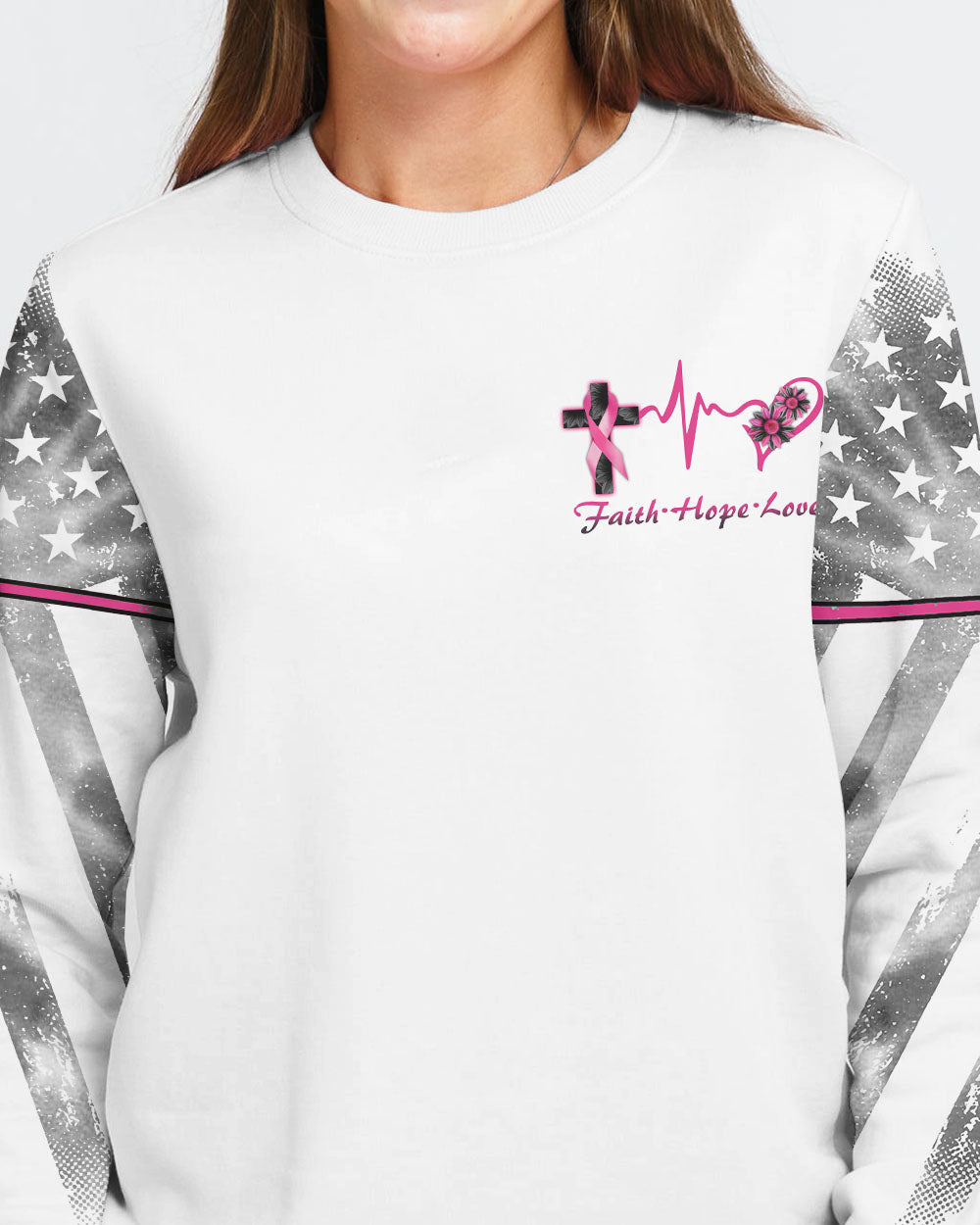 White Faith Cross Ribbon Wings Women's Breast Cancer Awareness Sweatshirt