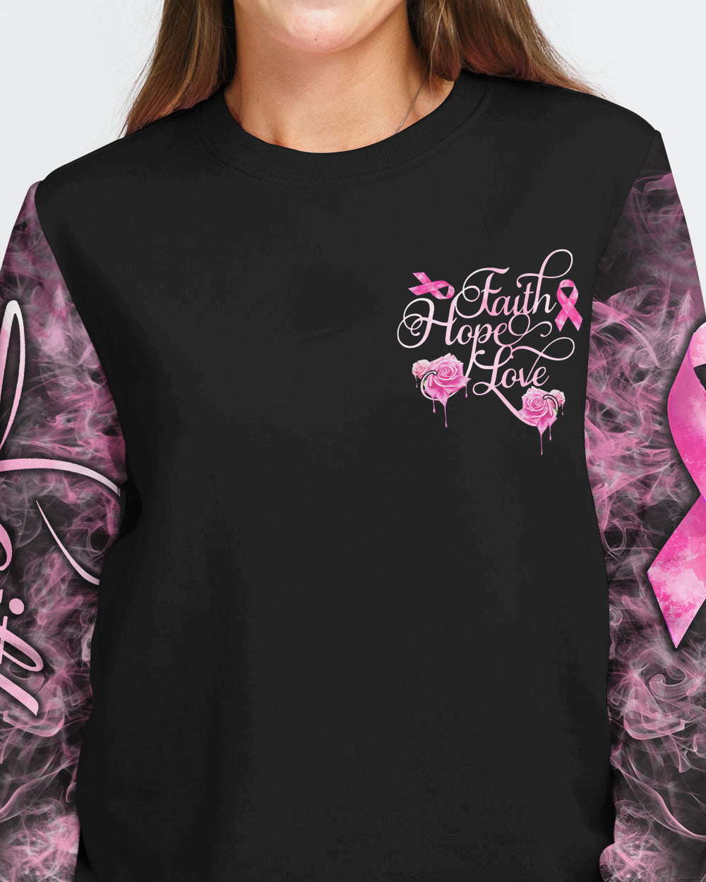 Strength Rose Cross Ribbon Women's Breast Cancer Awareness Sweatshirt