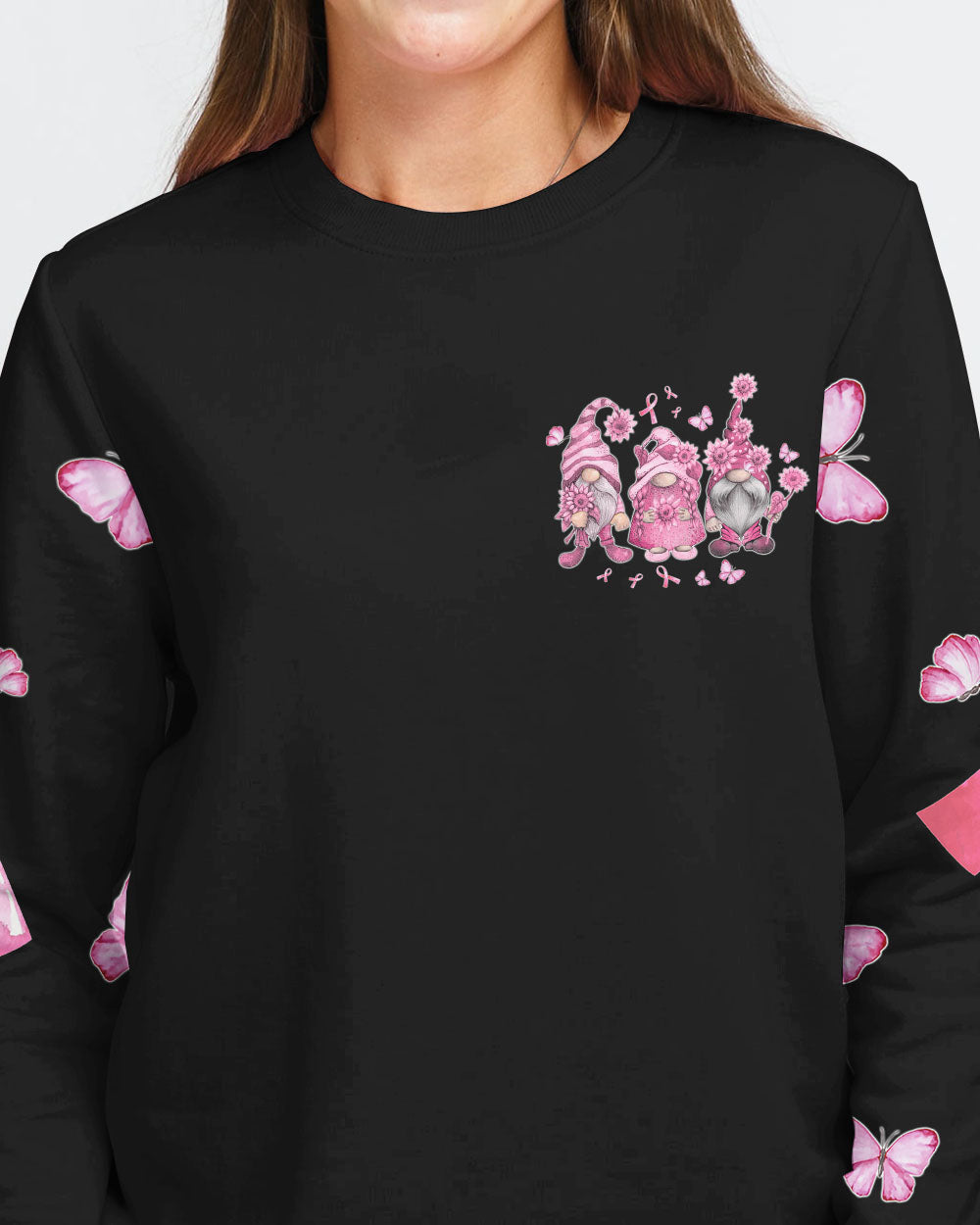 Hope For A Cure Gnome Pink Ribbons Flag Women's Breast Cancer Awareness Sweatshirt