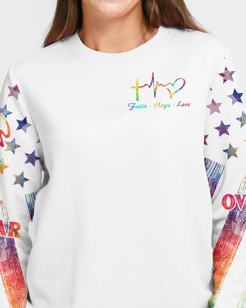 Faith Over Fear Jesus Colorful White Women's Christian Sweatshirt