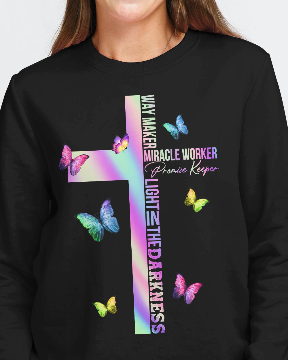 Way Maker Miracle Worker Colorful Butterfly Women's Christian Sweatshirt