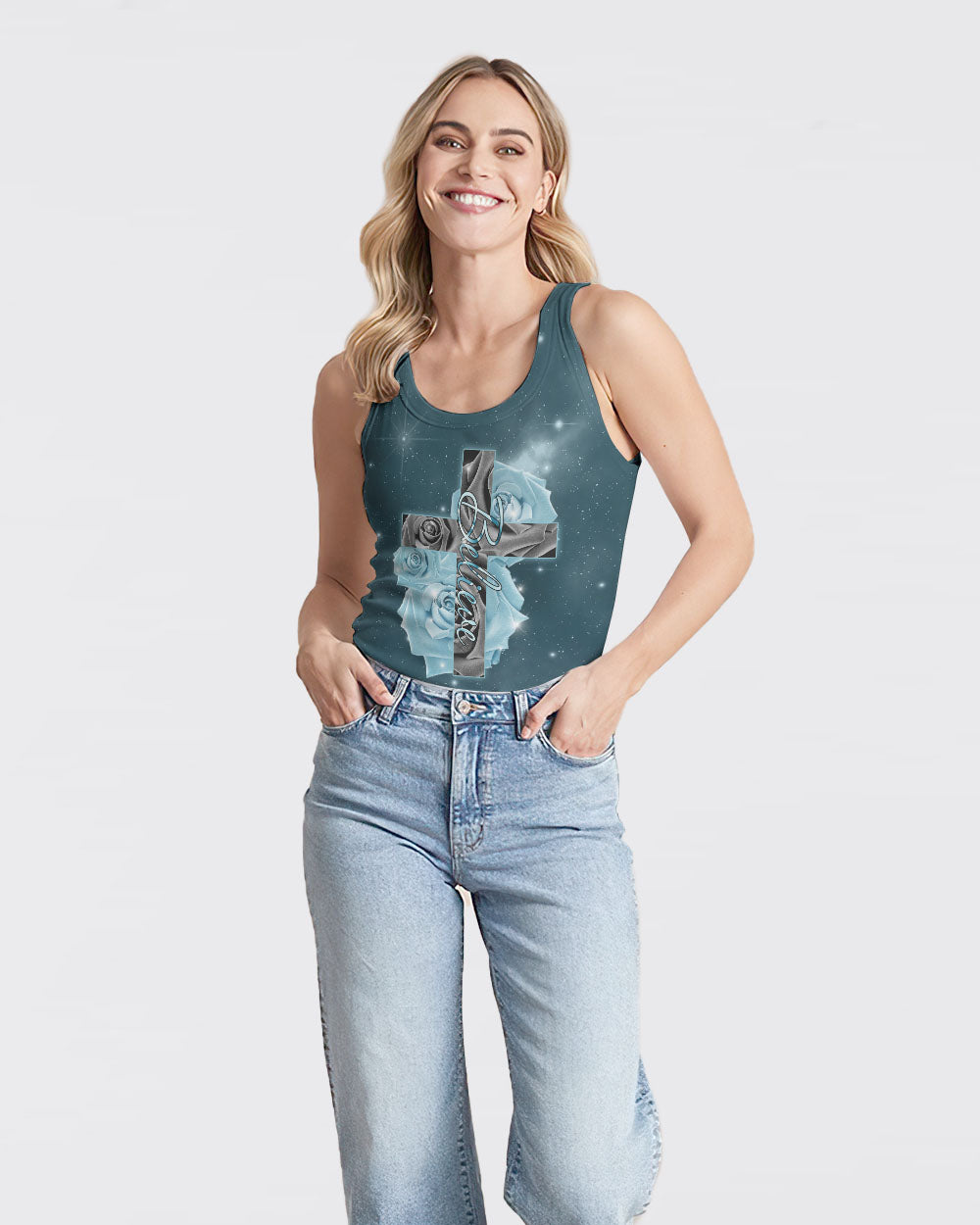 Believe Cross Blue Rose Women's Christian Tanks