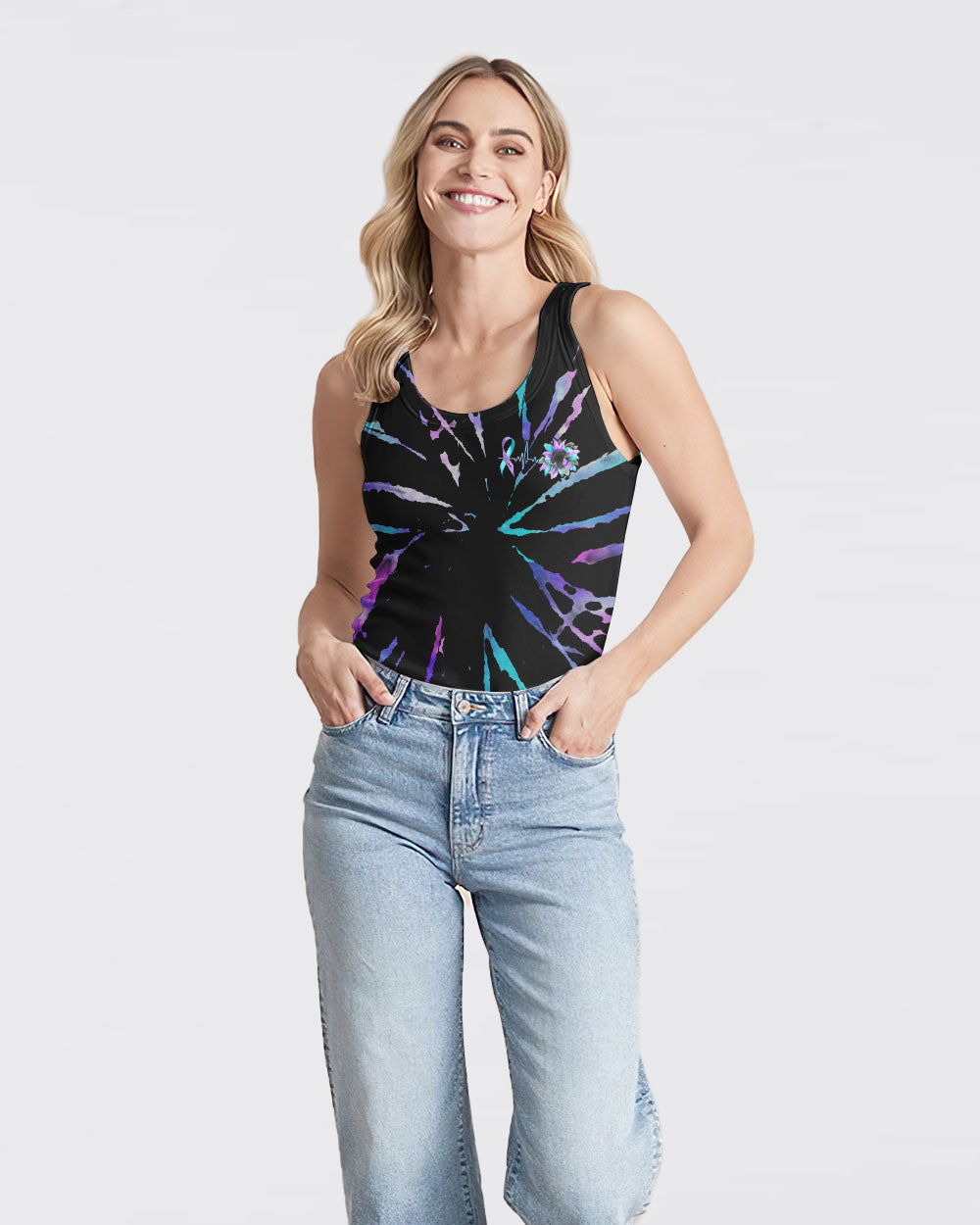Sunflower Cross Ribbon Tie Dye Women's Suicide Prevention Awareness Tanks