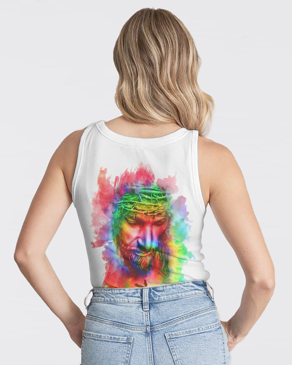 Faith Over Fear Jesus Colorful White Women's Christian Tanks