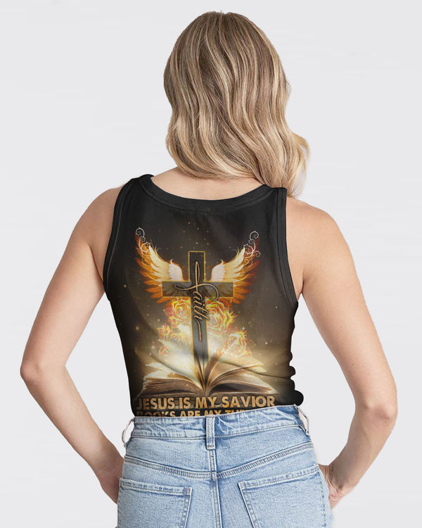 Jesus Is My Savior Books Are My Therapy Gold Faith Cross Women's Christian Tanks