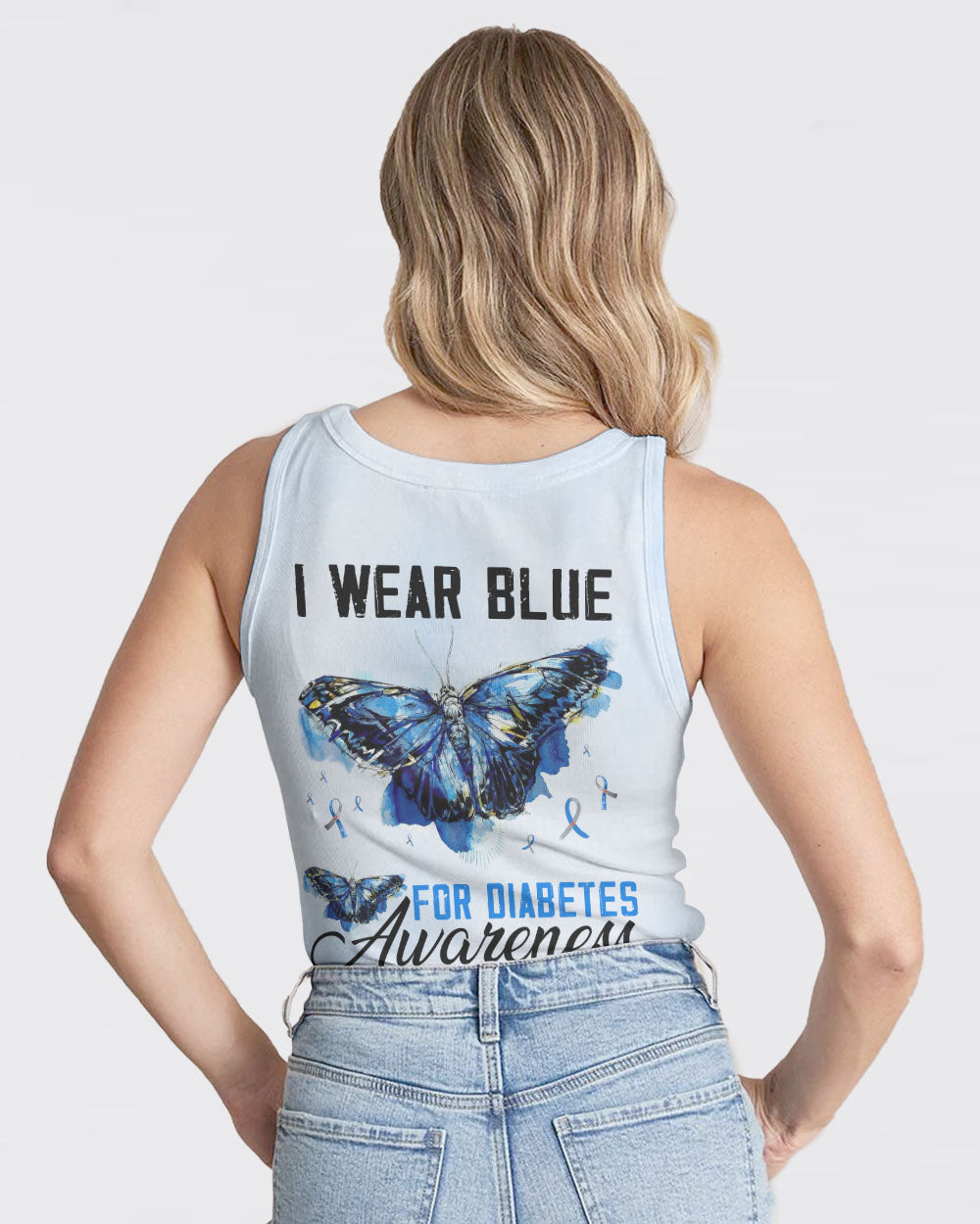 I Wear Blue For Diabetes Awareness Watercolor Butterfly Women's Diabetes Awareness Tanks