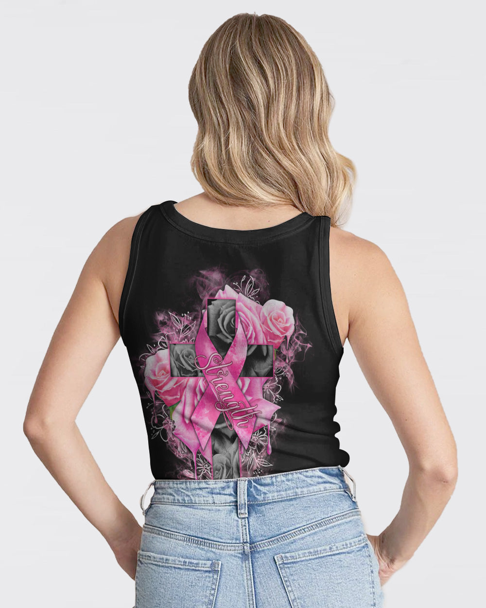 Strength Rose Cross Ribbon Women's Breast Cancer Awareness Tanks