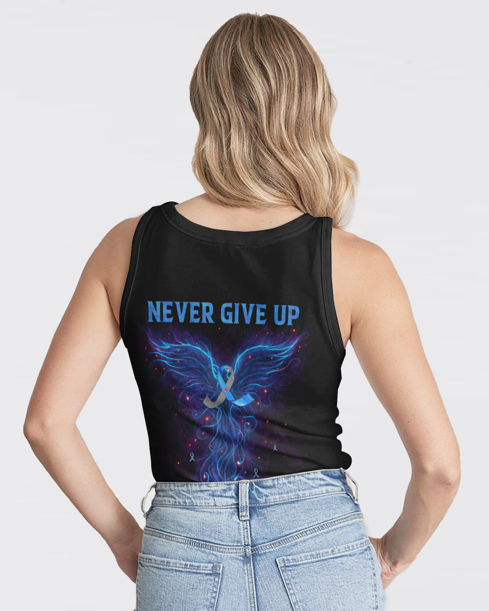 Never Give Up Blue Phoneix Ribbon Women's Diabetes Awareness Tanks