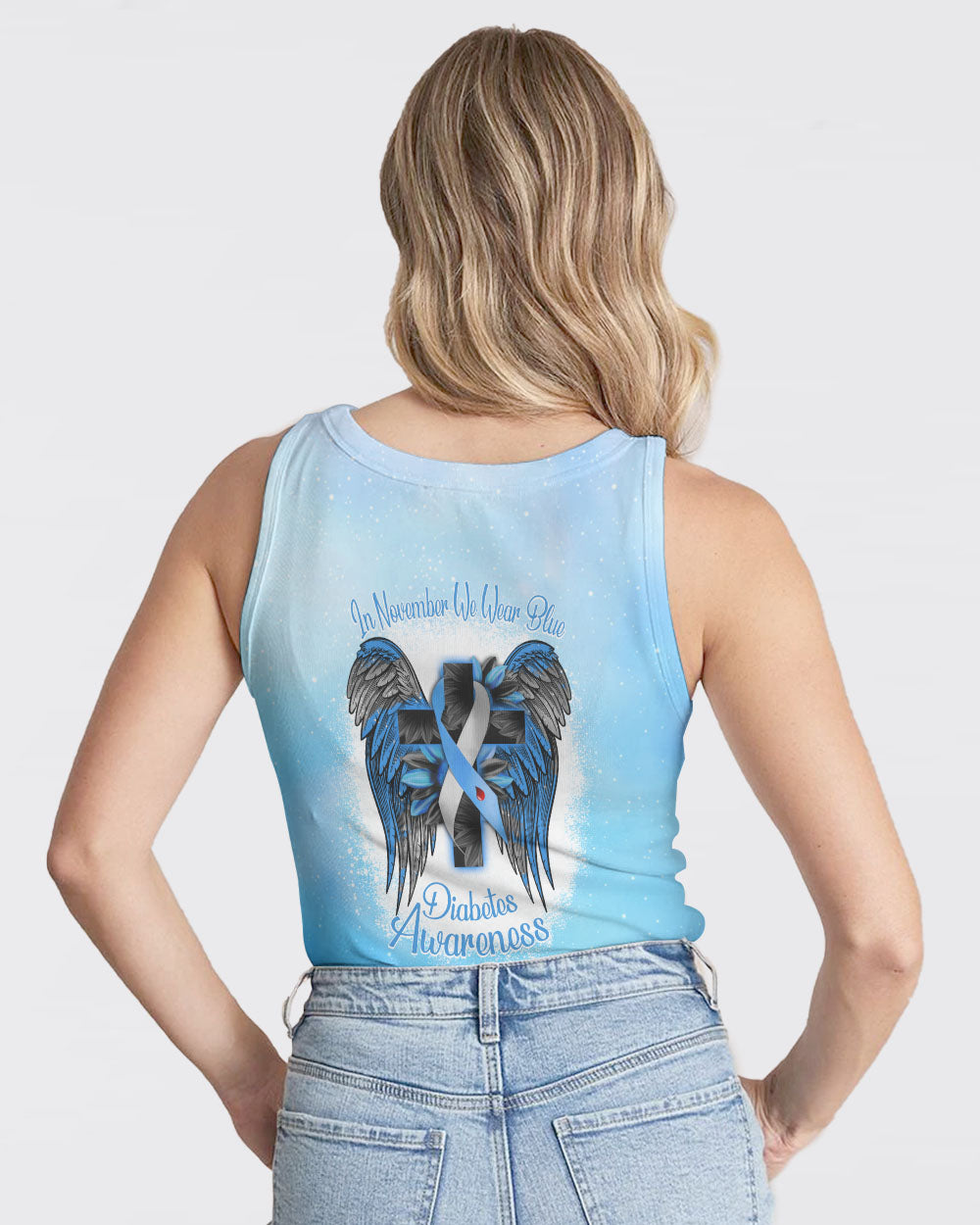 In November We Wear Blue Wings Sunflower Cross Bleached Women's Diabetes Awareness Tanks