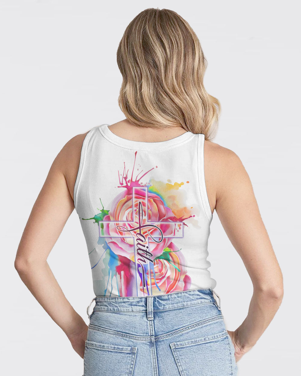 Faith Cross Colorful Rose Watercolor Women's Christian Tanks