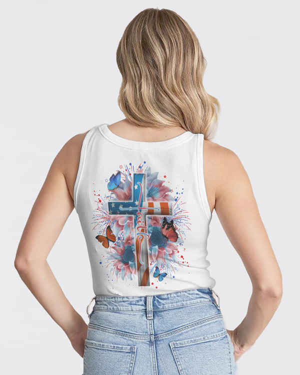 Faith Cross Sunflower Flag Color Women's Christian Tanks