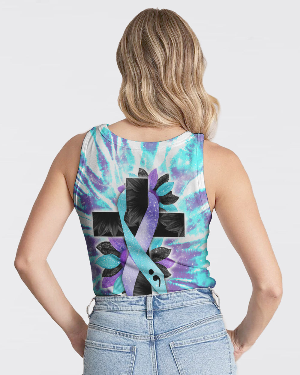 Faith Cross Sunflower Full Tie Dye Women's Suicide Prevention Awareness Tanks