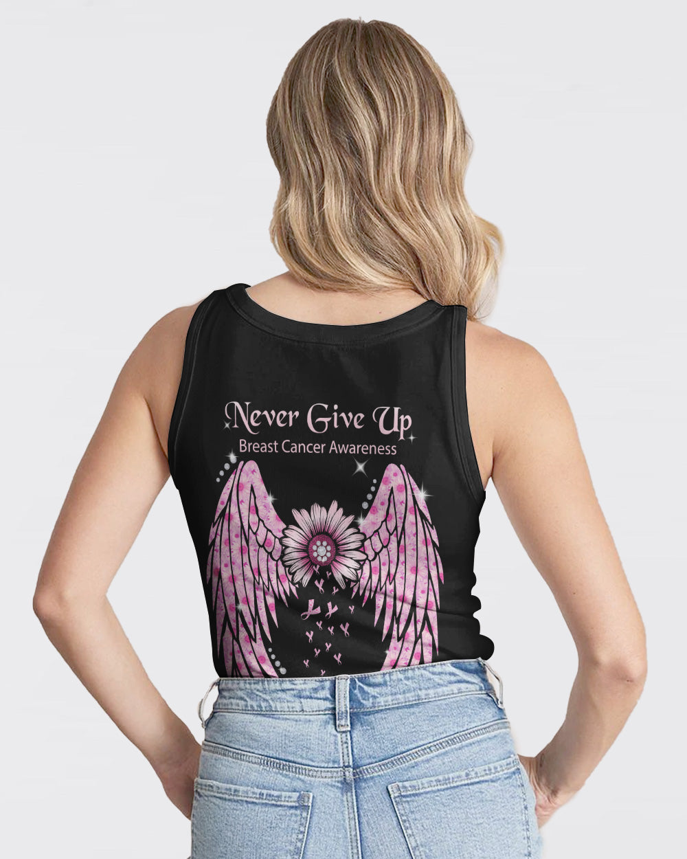 Never Give Up Pink Wings Daisy Women's Breast Cancer Awareness Tanks