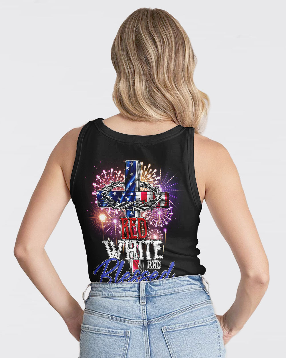 Red White And Blessed America Cross Independence Day Women's Christian Tanks