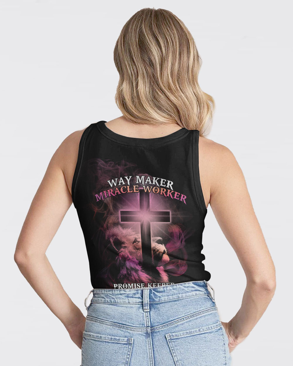 Way Maker Miracle Worker Lion Cross Pink Smoke Women's Christian Tanks