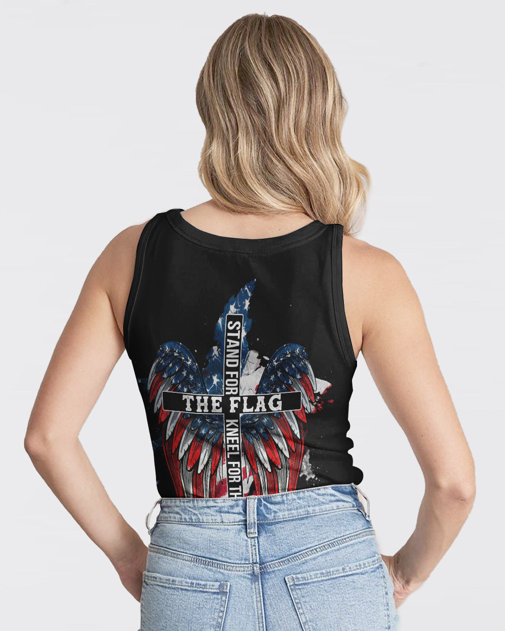 Stand For The Flag Kneel For The Cross American Flag Wings Arm Women's Christian Tanks