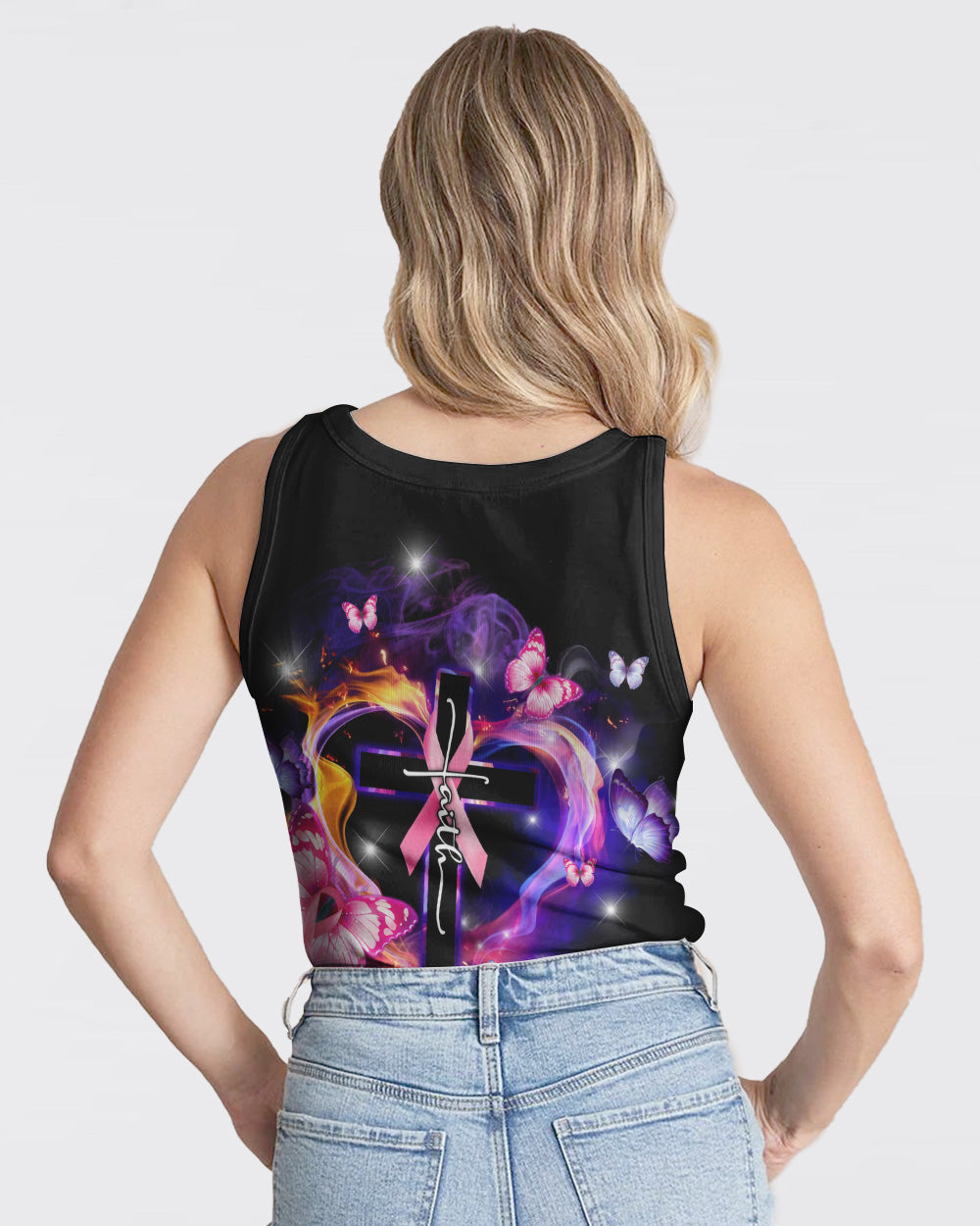 Faith Fire Heart Butterfly Smoke Women's Breast Cancer Awareness Tanks
