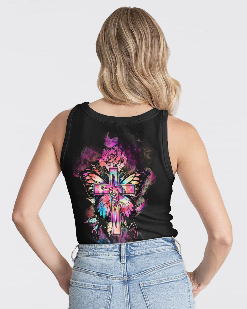 Tie Dye Butterfly Cross Faith With Rose Women's Christian Tanks