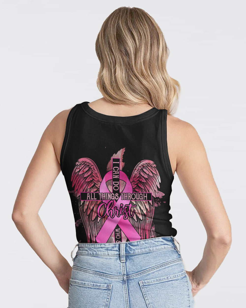 I Can Do All Things Through Christ Pink Wings Cross Ribbon Women's Breast Cancer Awareness Tanks