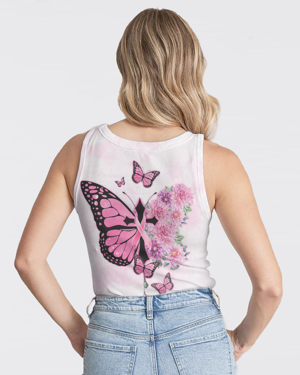 Butterfly Flower Cross Ribbon Women's Breast Cancer Awareness Tanks