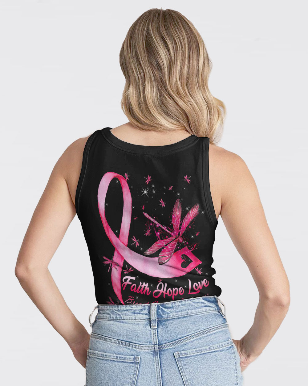 Faith Hope Love Dragonfly Ribbon Women's Breast Cancer Awareness Tanks