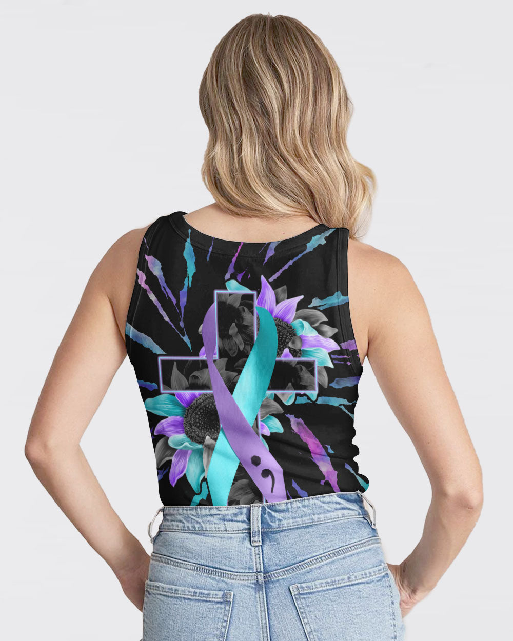 Sunflower Cross Ribbon Tie Dye Women's Suicide Prevention Awareness Tanks